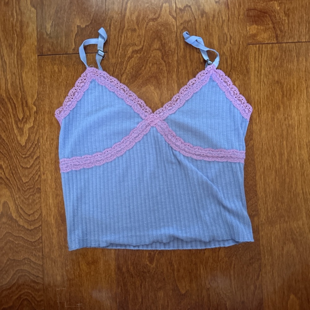 Blue Ribbed Tank Top with Pink Lace Trim